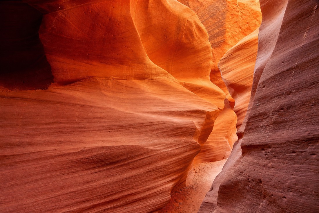 Rippled sandstone canyon walls glowing evenly in soft reflected winter light