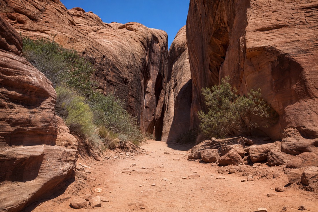 Sun-baked sandy approach path toward a slot canyon entrance under a clear summer sky