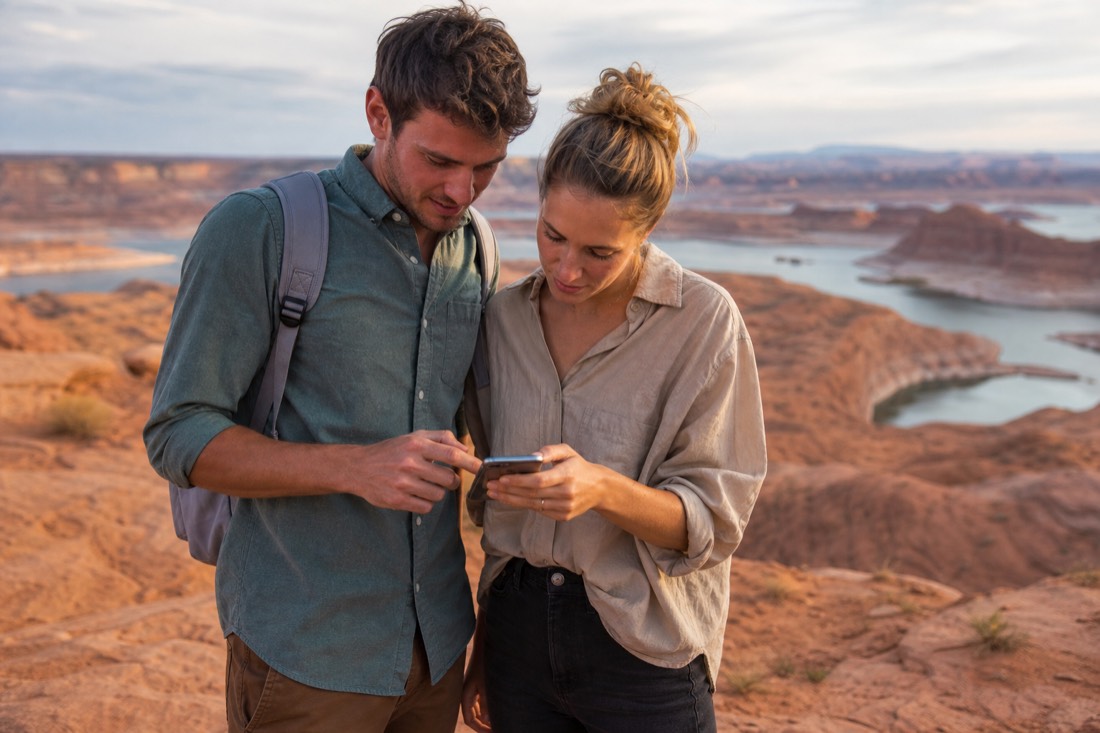 Two travelers comparing tour options on a phone at a scenic desert overlook near Page