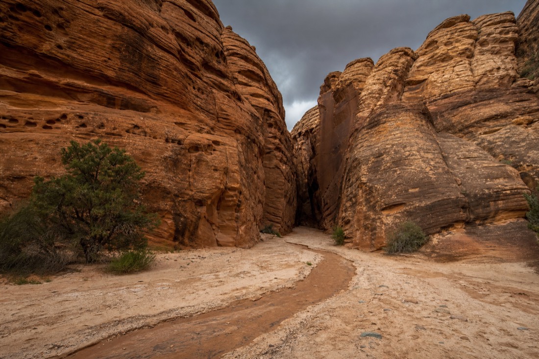 Dry sandy wash leading into a narrow slot canyon entrance under storm light