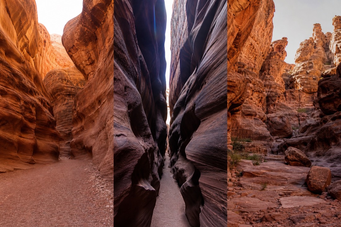 Three distinct slot canyon profiles showing a wide corridor, a narrow V shaped slot, and a rugged open section