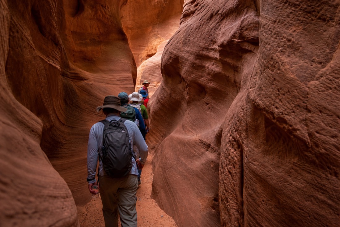 Guide leading a single-file group between smooth curved sandstone walls in soft light