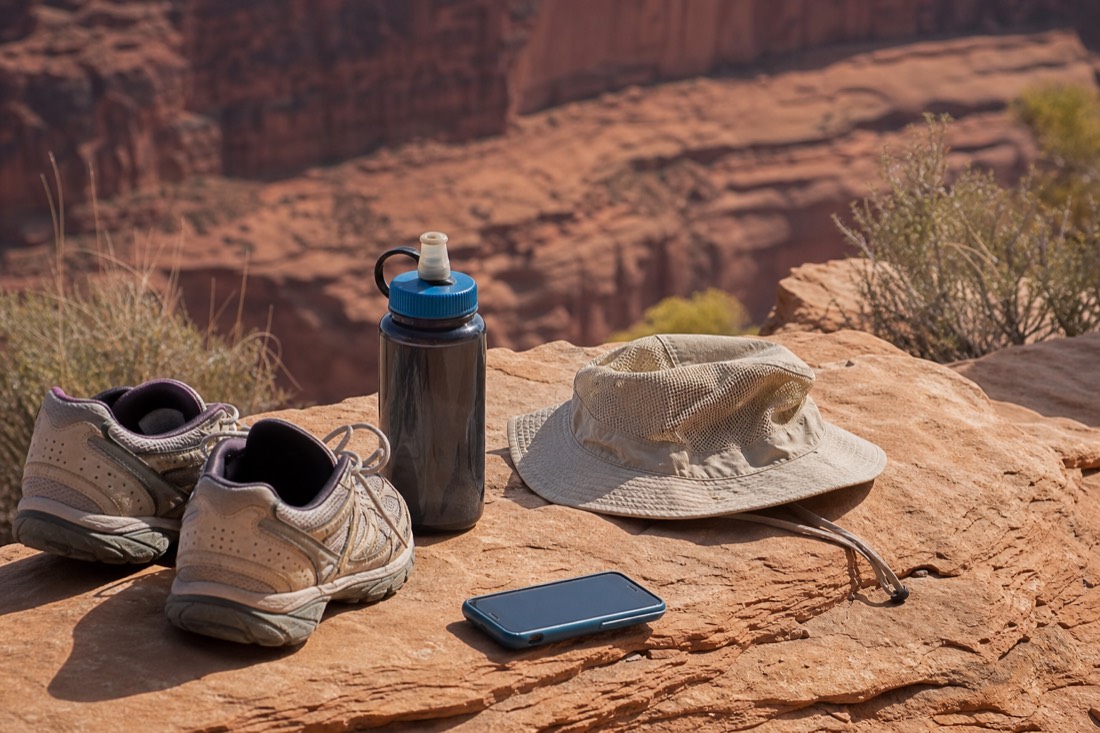 Sneakers, water bottle, brimmed hat, and phone laid out on a wooden surface before a canyon visit