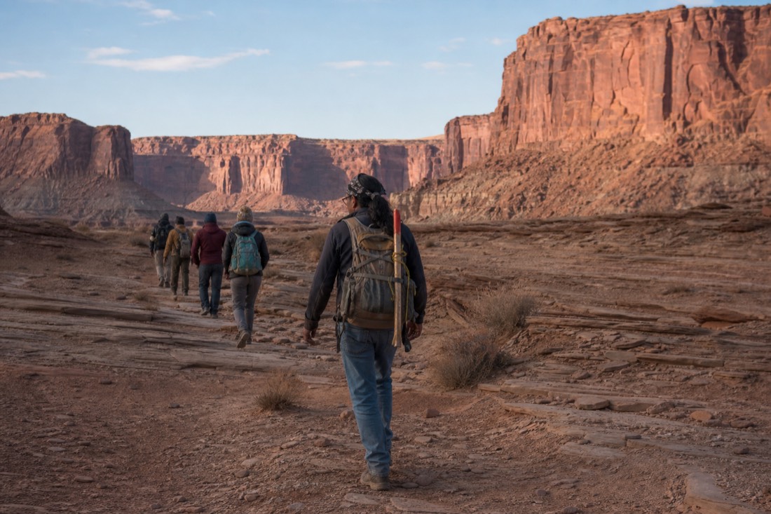 Navajo guide leading a small group across open desert toward a canyon staging area