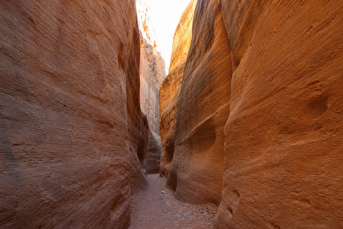 Narrow sandstone corridor with smooth flood-carved walls rising toward a strip of sky