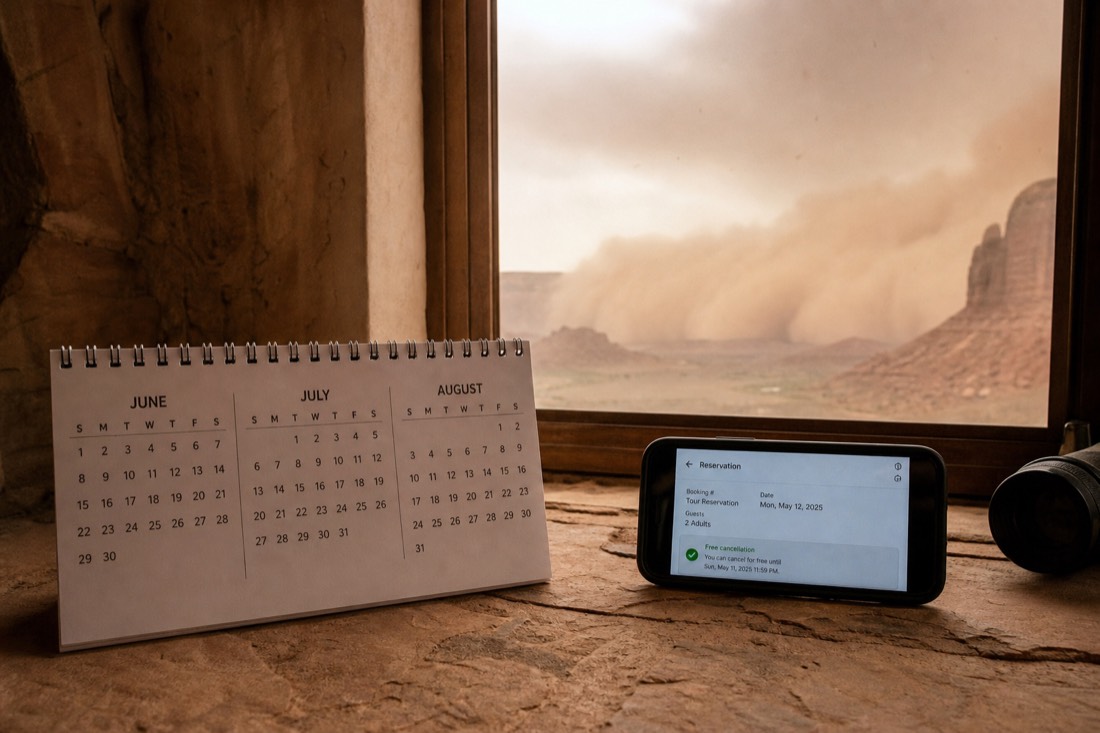 Calendar page for summer months beside a phone showing a free-cancellation tour booking and a desert storm through the window