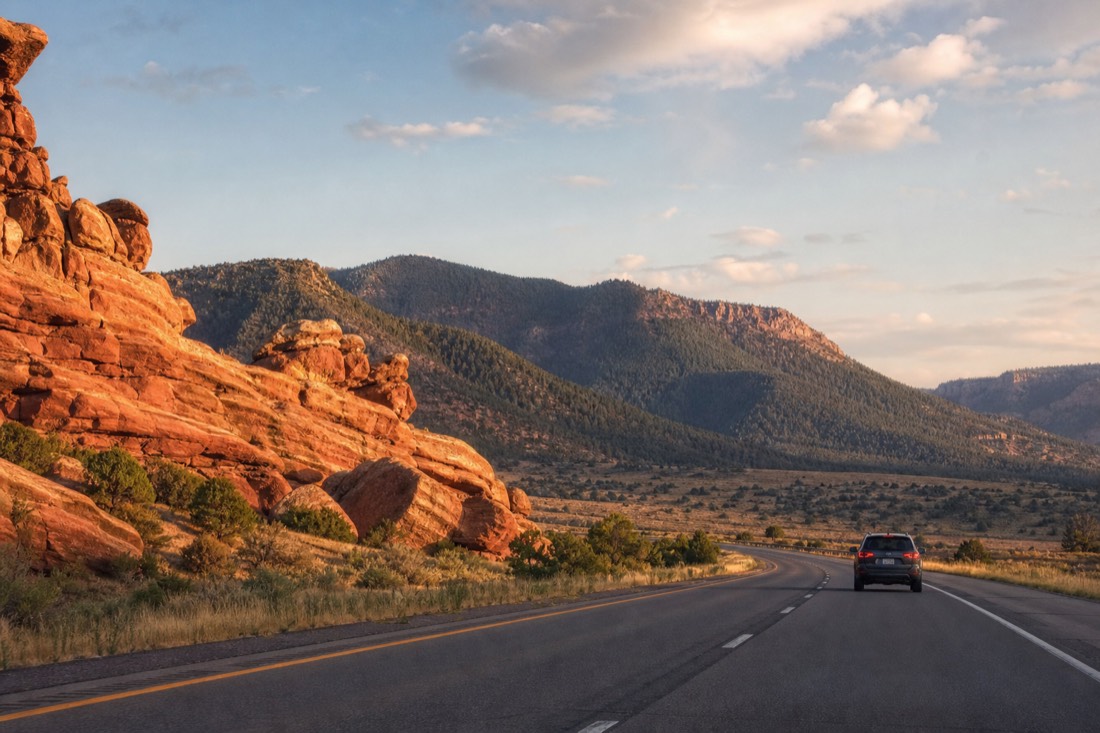 Car leaving red rock country at first light on a highway toward pine-covered mountains