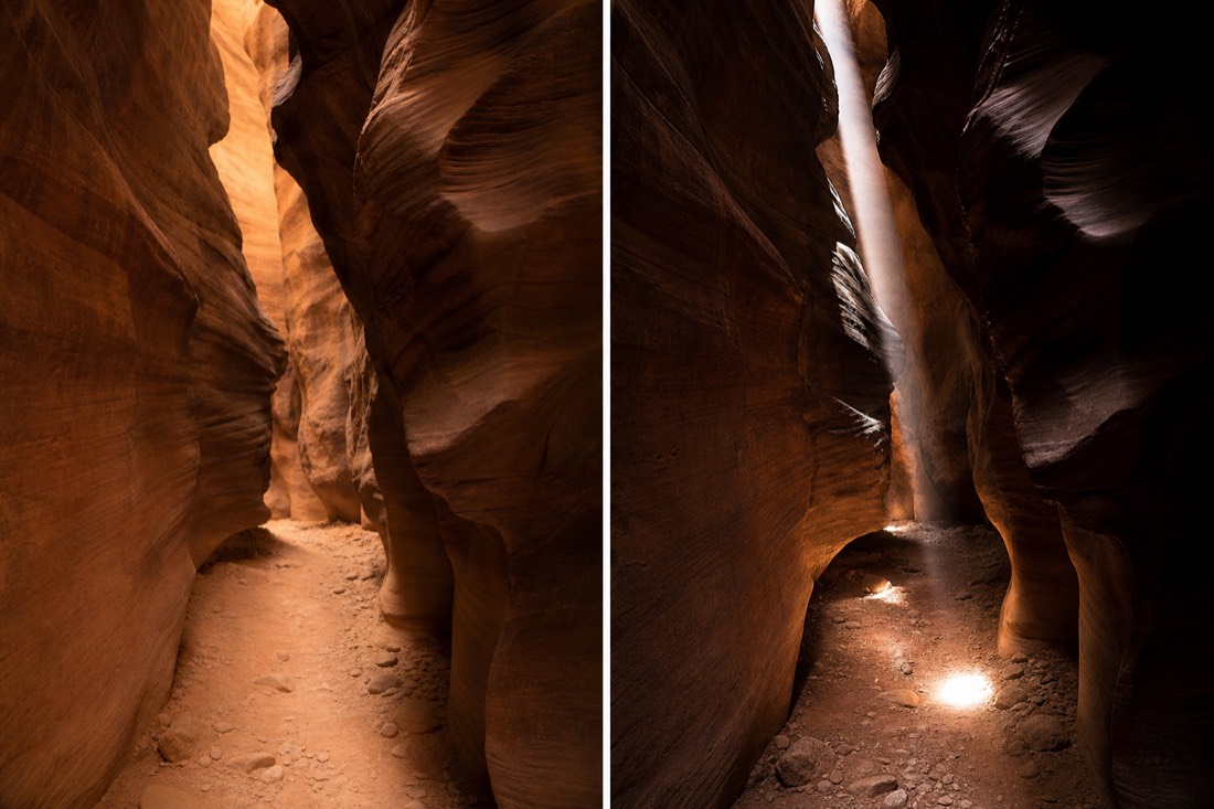 Comparison of a slot canyon corridor at soft early light and at harsh midday with a beam striking the floor