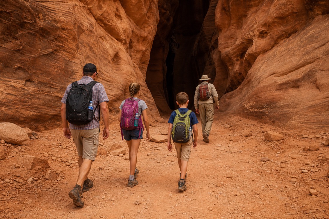 Family of four walking toward a slot canyon entrance with a guide, backpacks and water bottles visible