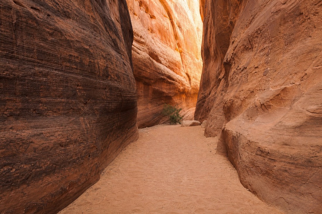 Gentle flat sandy path through a wide slot canyon section in soft warm light
