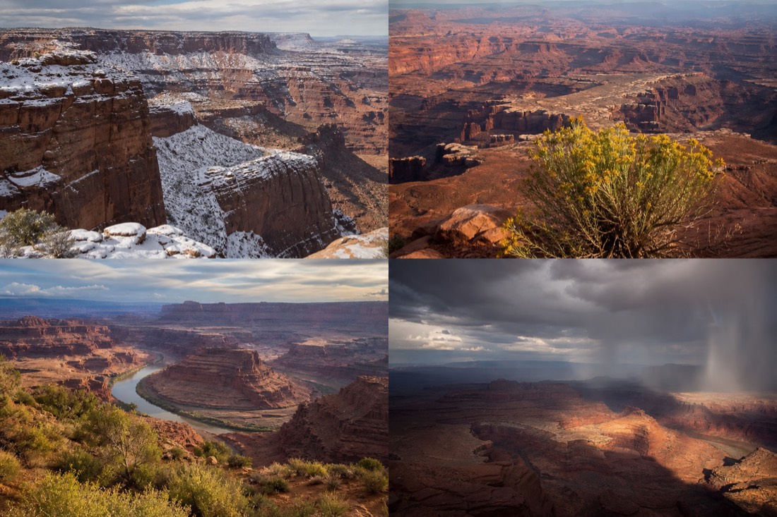 Four-season collage concept of desert canyon country from snow-dusted rims to summer storm light