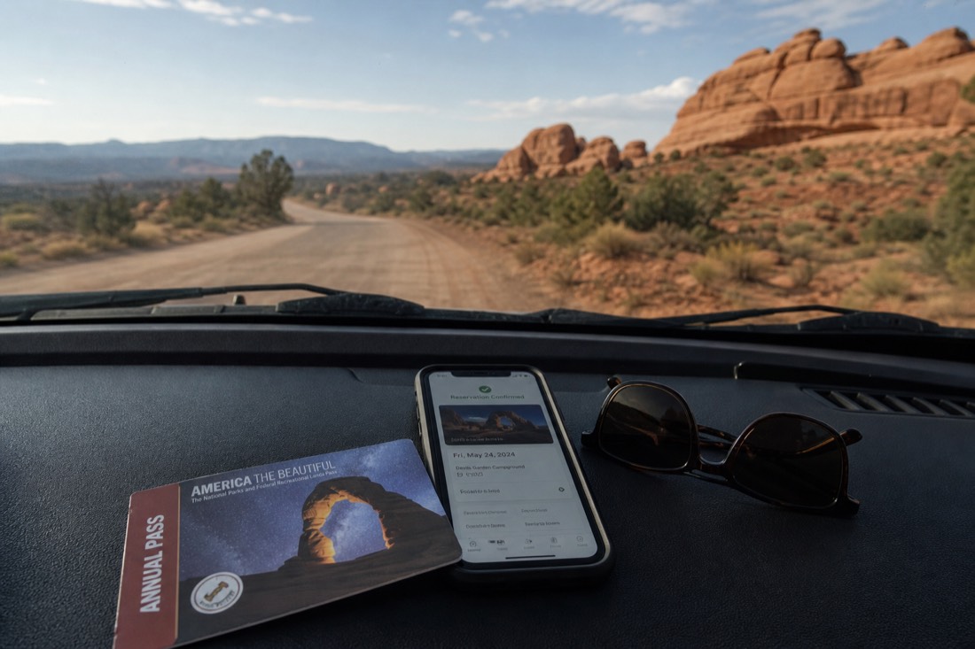 Dashboard with a national park pass, a phone showing a booking confirmation and sunglasses on a desert road