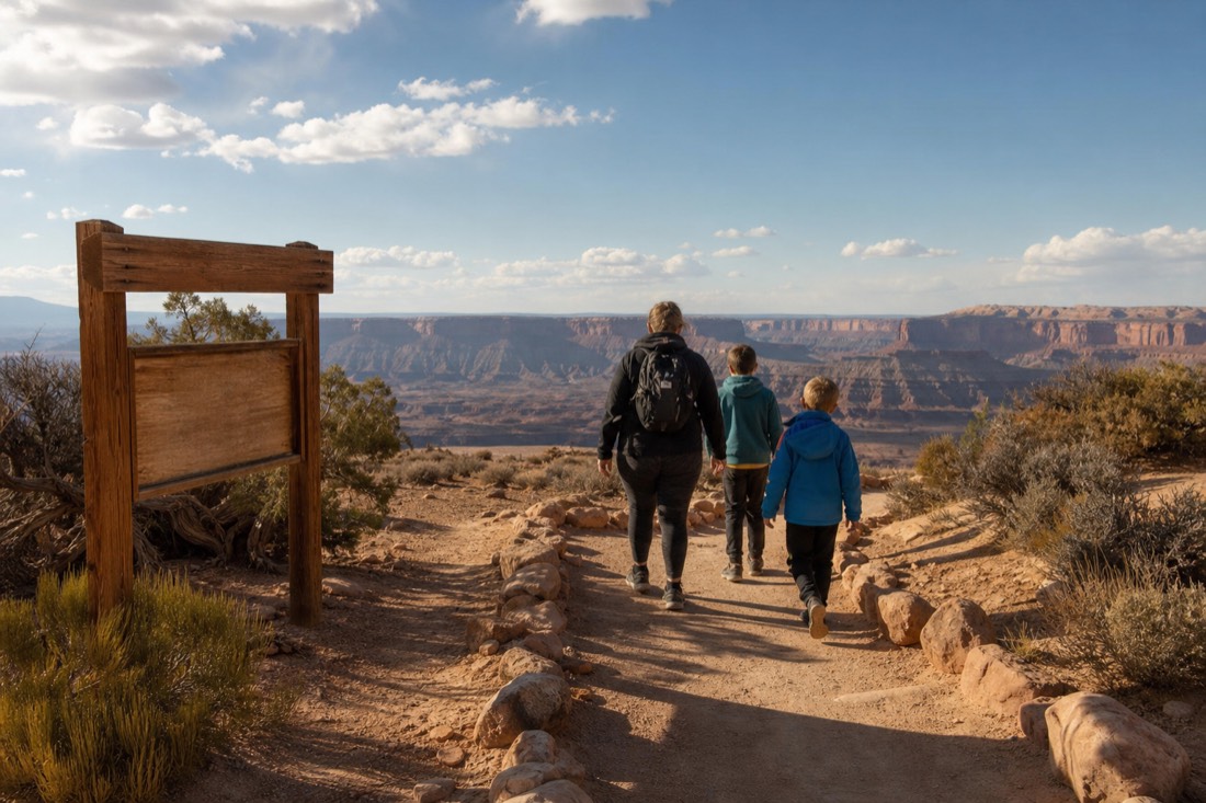 Wooden trailhead sign at a free overlook with a family walking toward a canyon rim under blue sky